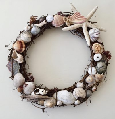Willow wreath decorated with seashells